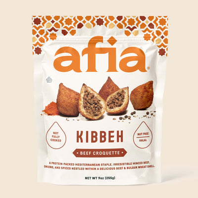 Bag of Afia Beef Croquette Kibbeh. Nut free, halal.