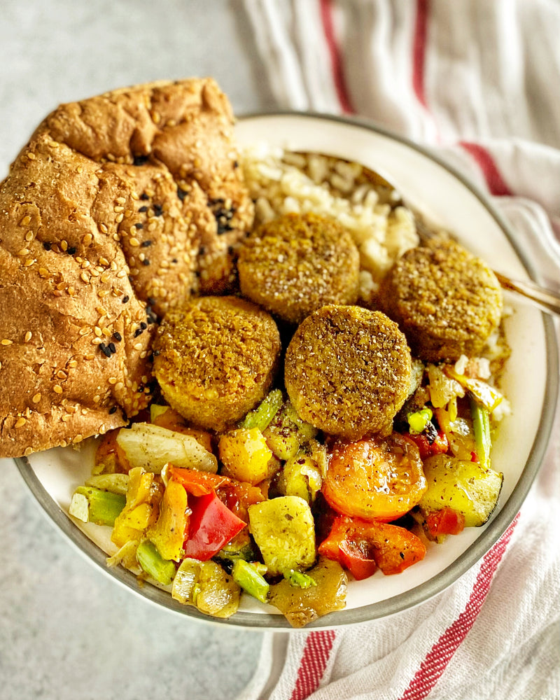 Turmeric Falafel Bowl with Sautéed Veggies & Manoush