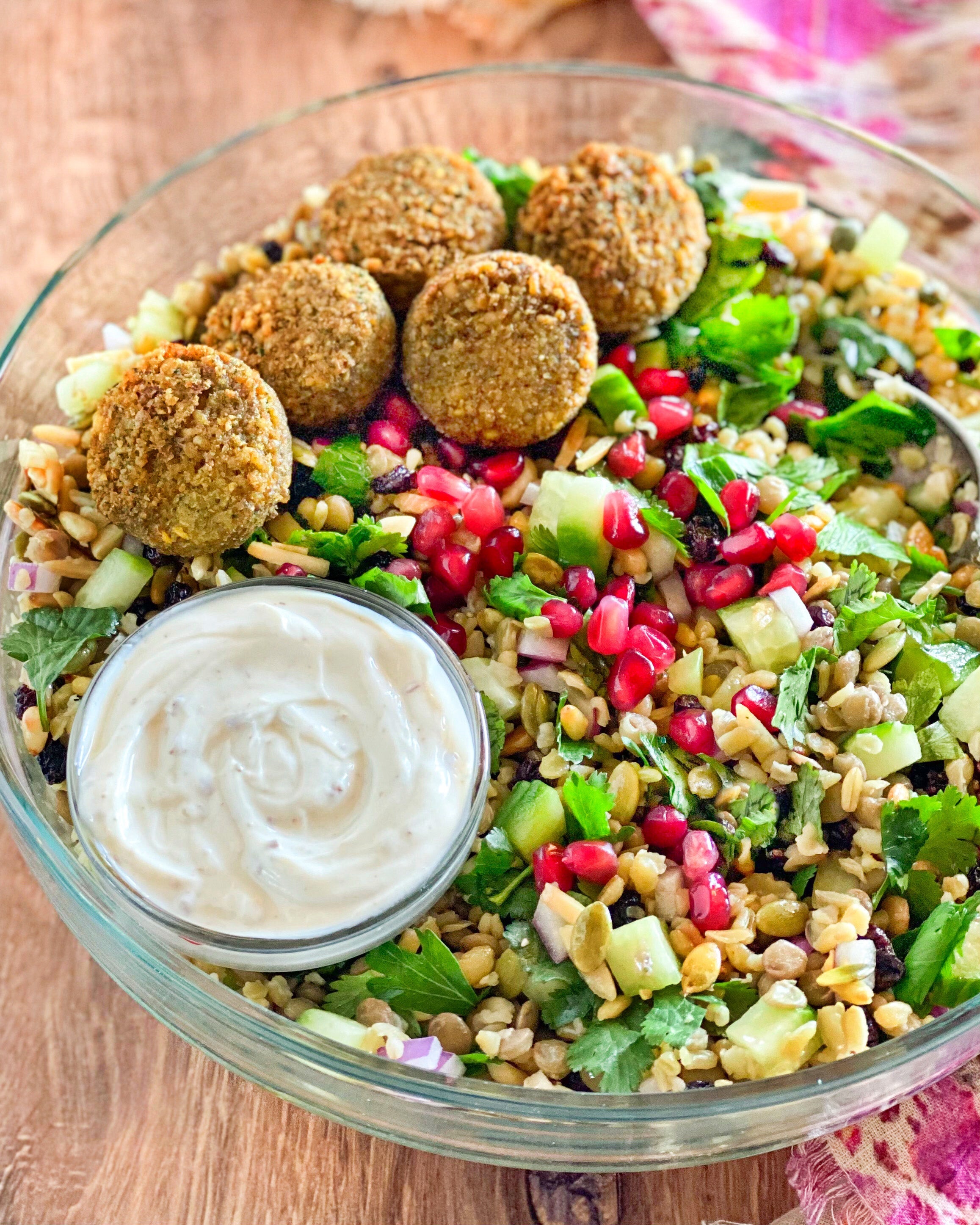 Traditional Falafel and Cypriot Grain Salad in a bowl