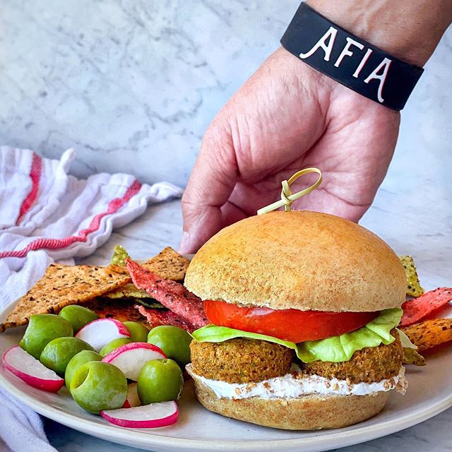Sliders on a plate featuring Afia Falafel.