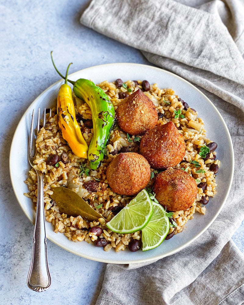 Cajun black bean rice with Afia Kibbeh in a bowl. 