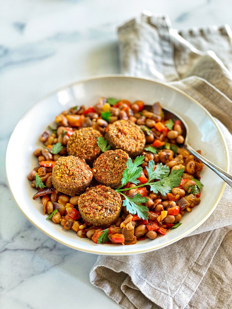 Afia vegan falafel in a bowl with black-eyed peas and beans
