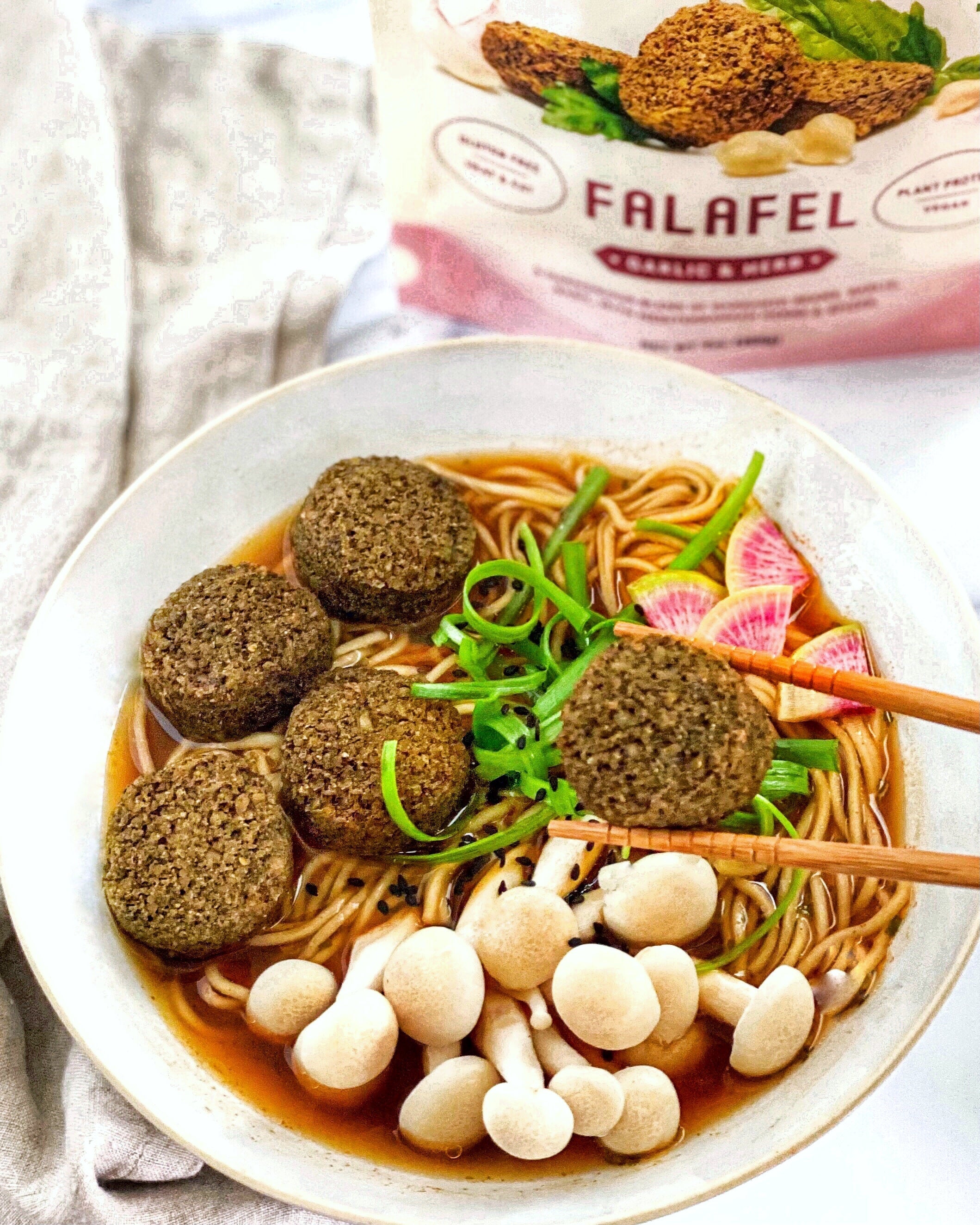 Ramen soup bowl with Afia Falafel.