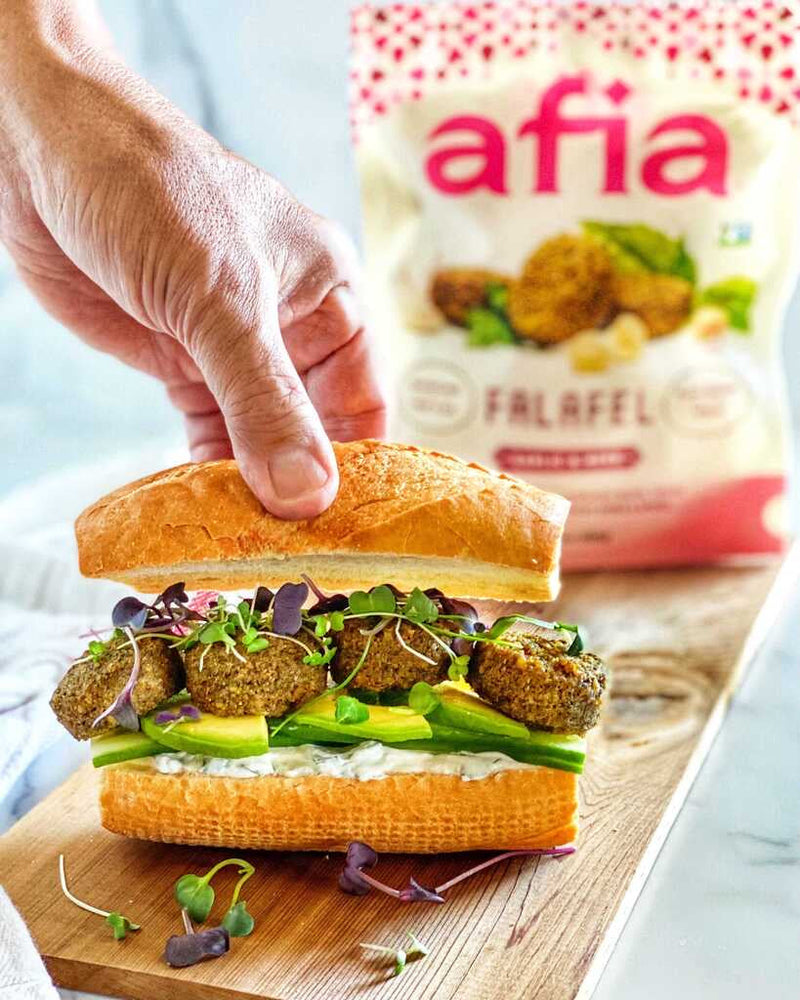 Sub sandwich with fresh vegetables and Afia Falafel 
