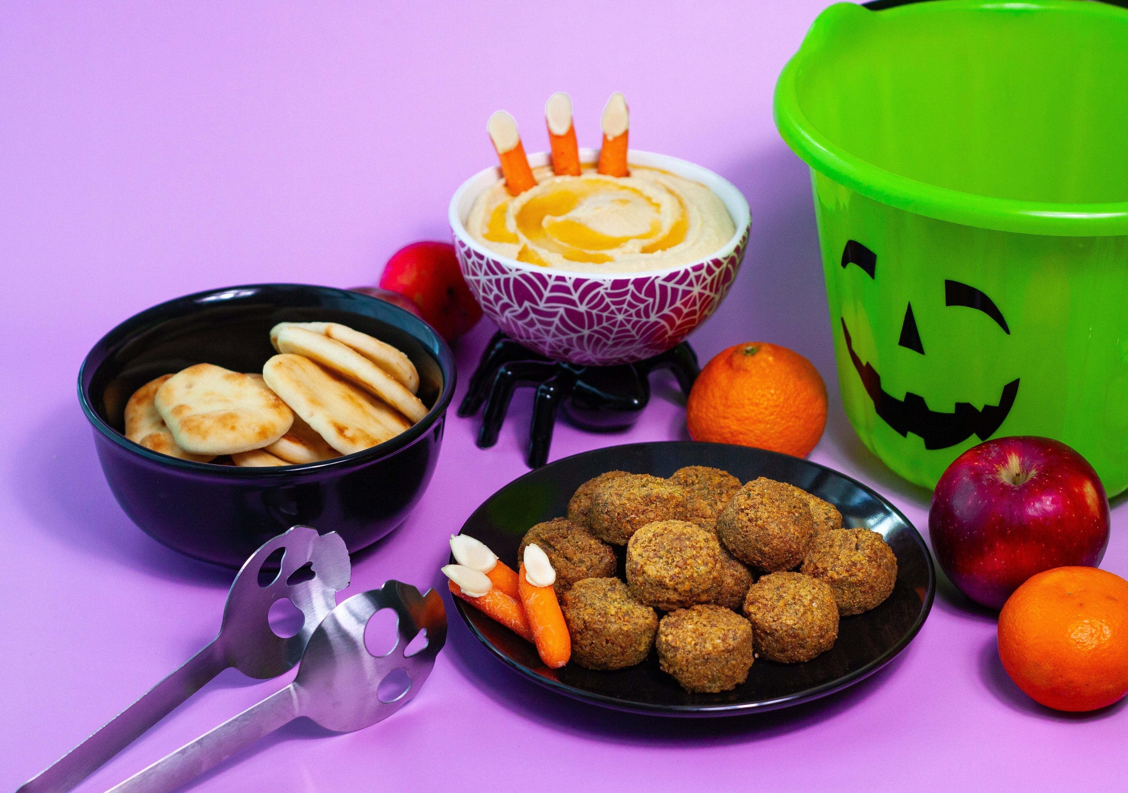Halloween Mezze Platter with Falafel and Carrot Witch Fingers
