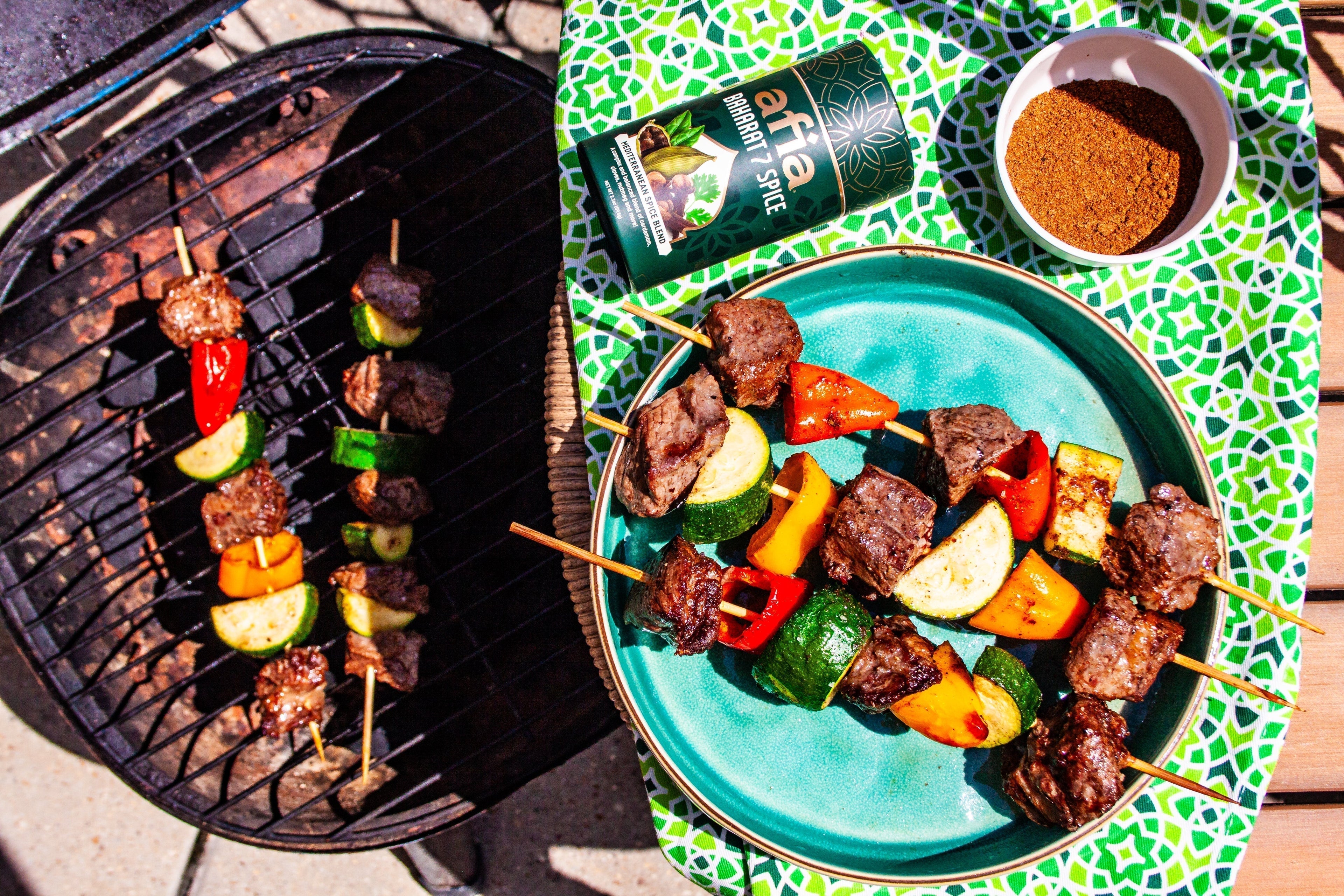 Baharat Steak and Veggie Skewers