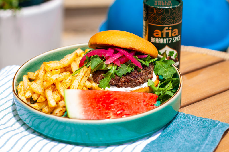Grilled Kofta Burgers with Shawarma Fries