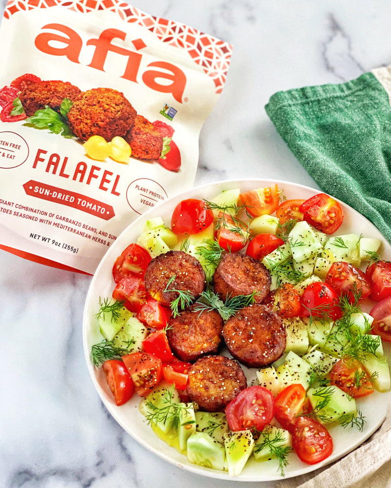 Simple Tomato & Cucumber Salad + Afia Sun-Dried Tomato Falafel