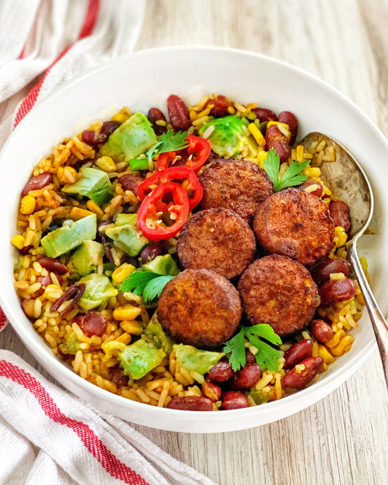 Vegan brown rice bowl with Afia Sun-Dried Tomato Falafel