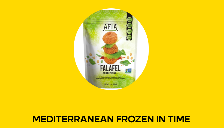 Afia Falafel bag with text "Mediterranean Frozen in Time" beneath