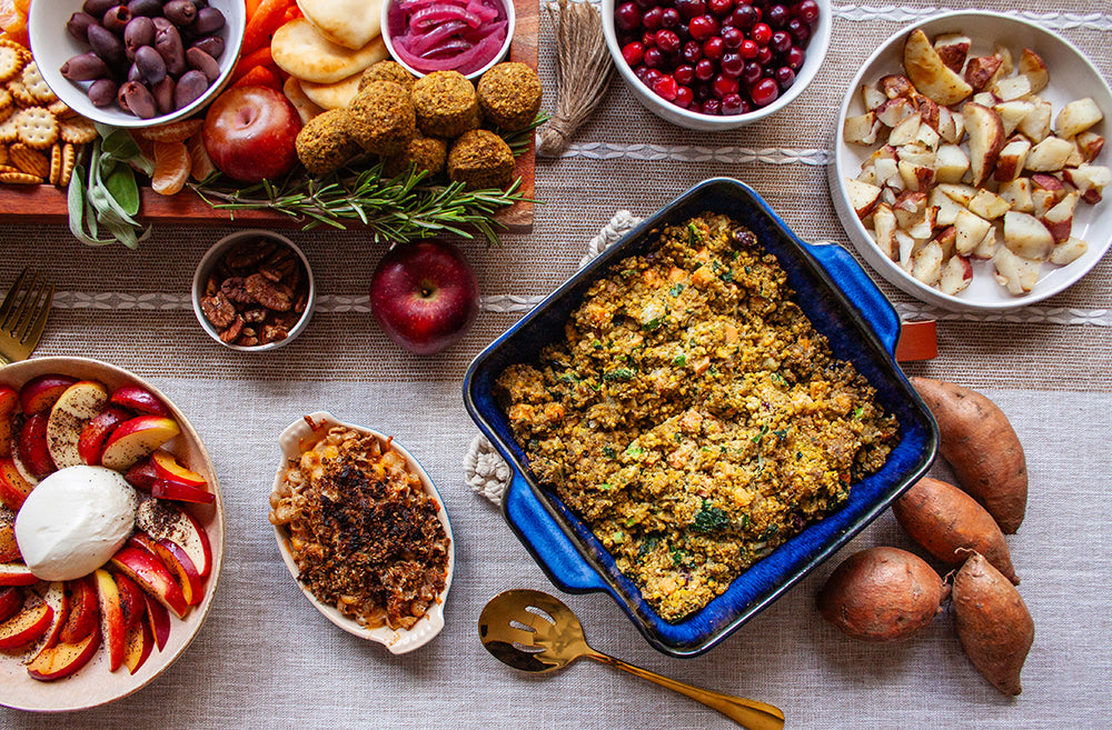 Afia Stuffing in a bowl on a thanksgiving table