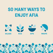 Graphic showing different ways to enjoy Afia 3 Cheese Falafel, including in a salad, with rice, with dip, or on a wrap. 