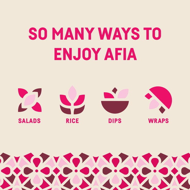 Graphic of different ways to enjoy Afia Falafel, in a salad, with rice, with dip, or in a wrap. 