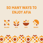 Graphic showing different ways to enjoy Afia Beef Croquette Kibbeh, including in a salad, with rice, with dip, or on a wrap. 