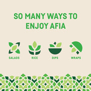 Graphic showing different ways to enjoy Afia Traditional Falafel, including in a salad, with rice, with dip, or on a wrap. 
