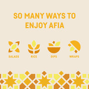 Graphic showing different ways to enjoy Afia Turmeric Falafel, including in a salad, with rice, with dip, or on a wrap. 