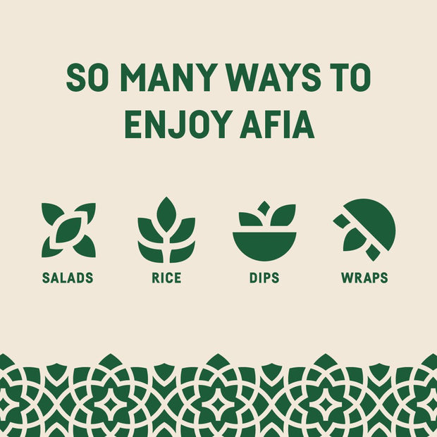 Graphic showing different ways to enjoy Afia products, including in a salad, with rice, with dip, or on a wrap. 