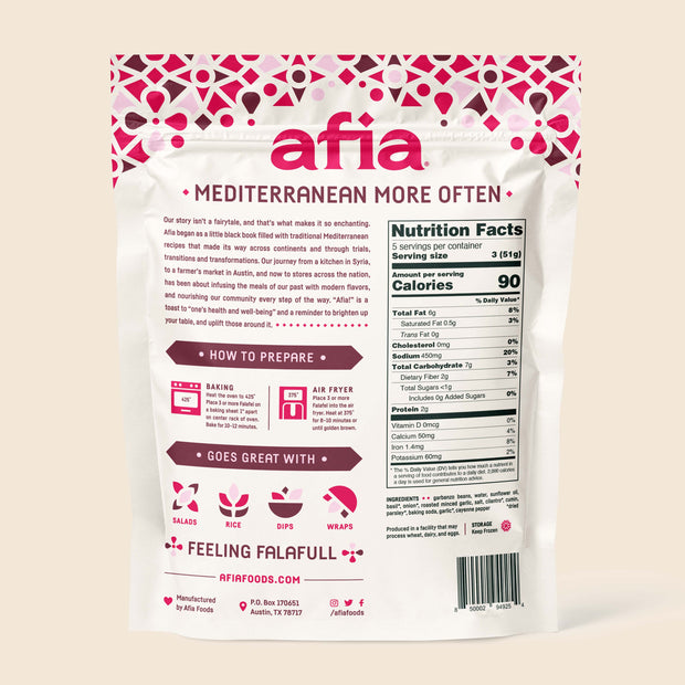 Nutritional facts for Afia Garlic and Herb Falafel. 