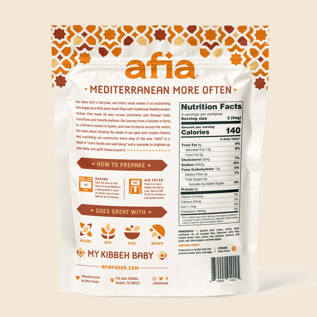 Nutritional facts and preparation instructions for Afia Beef Croquette Kibbeh.