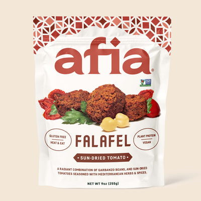 Bag of Afia Sun-Dried Tomato Falafel. Gluten free, plant-based protein, vegan. 