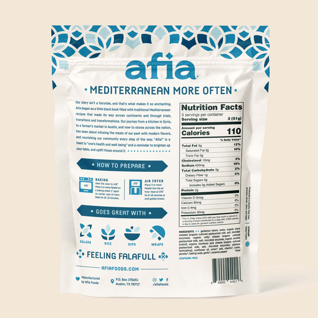 Nutritional facts and preparation instructions for Afia 3 Cheese Falafel. 
