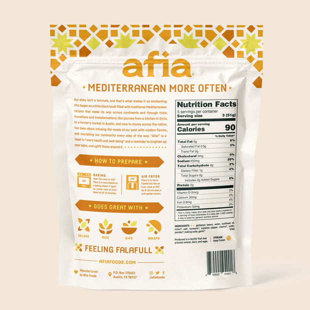 Nutritional facts and preparation instructions for Afia Turmeric Falafel. 