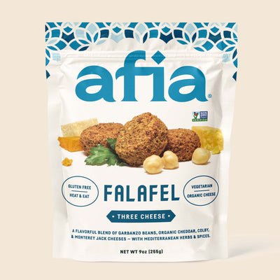 Bag of Afia 3 Cheese Falafel. Gluten free, vegetarian, organic cheese.  