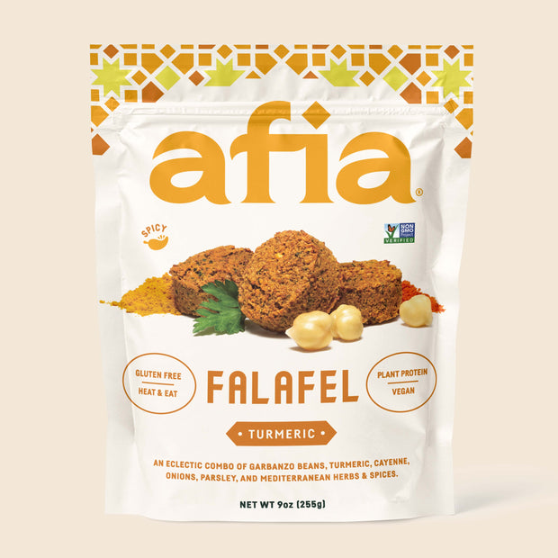 Bag of Afia Turmeric Falafel. Gluten free, plant-based protein, vegan. 