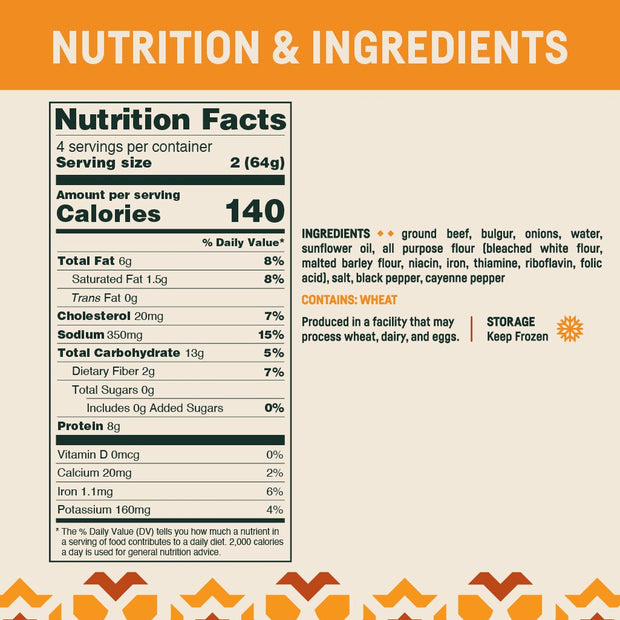 Nutrition facts for Afia Beef Croquette Kibbeh.